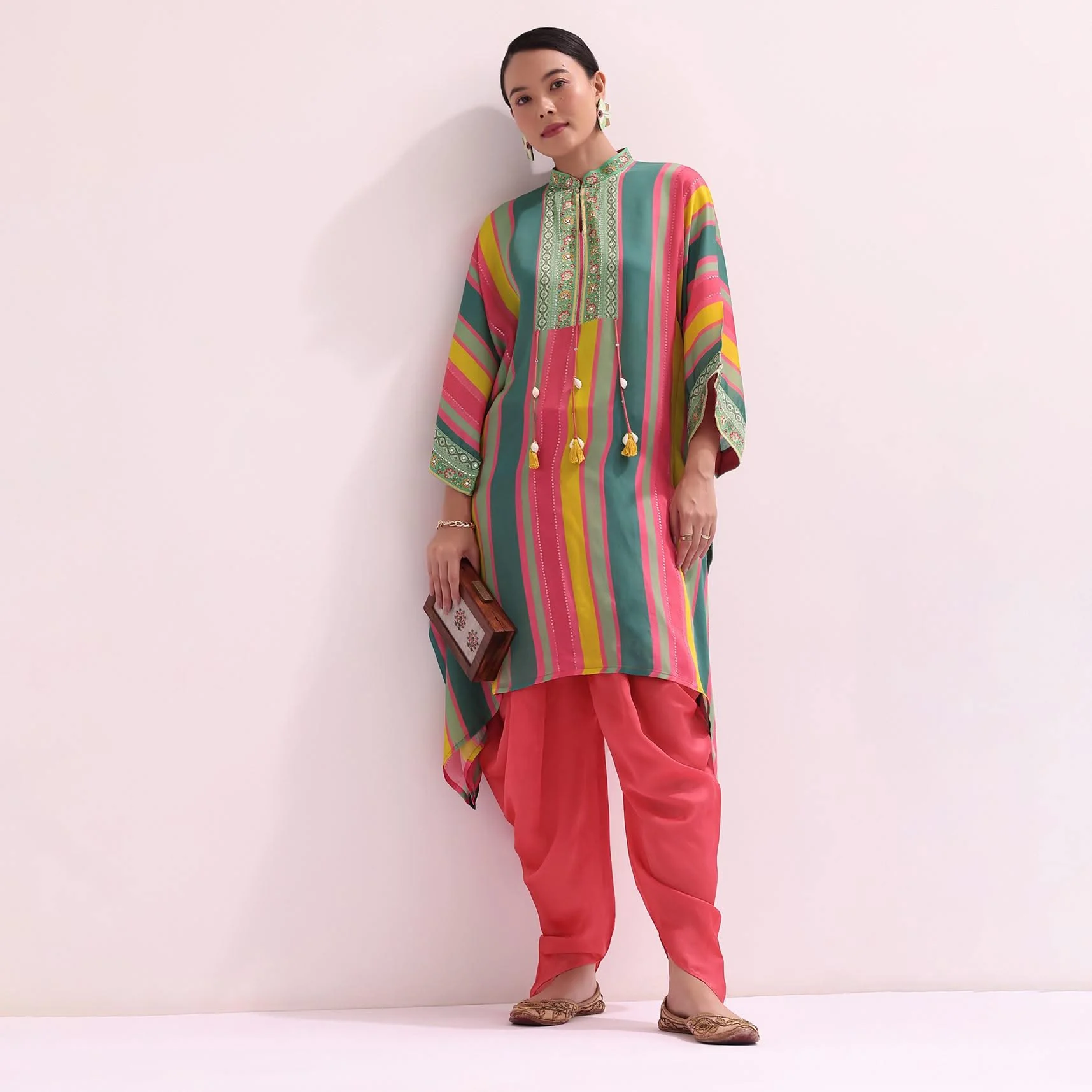 Green Multicolored Embroidered Dhoti Set