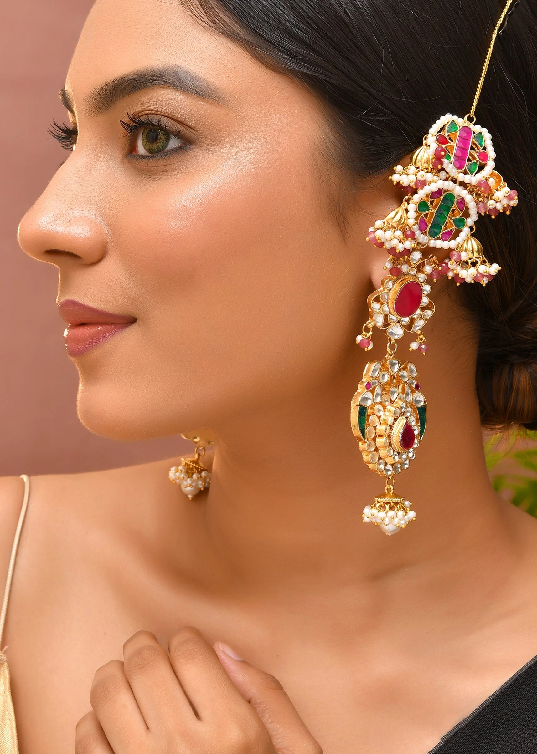 979-multi-color-gold-earrings-with-pachi-kundan-1.webp Multi Color Gold Earrings With Pachi Kundan