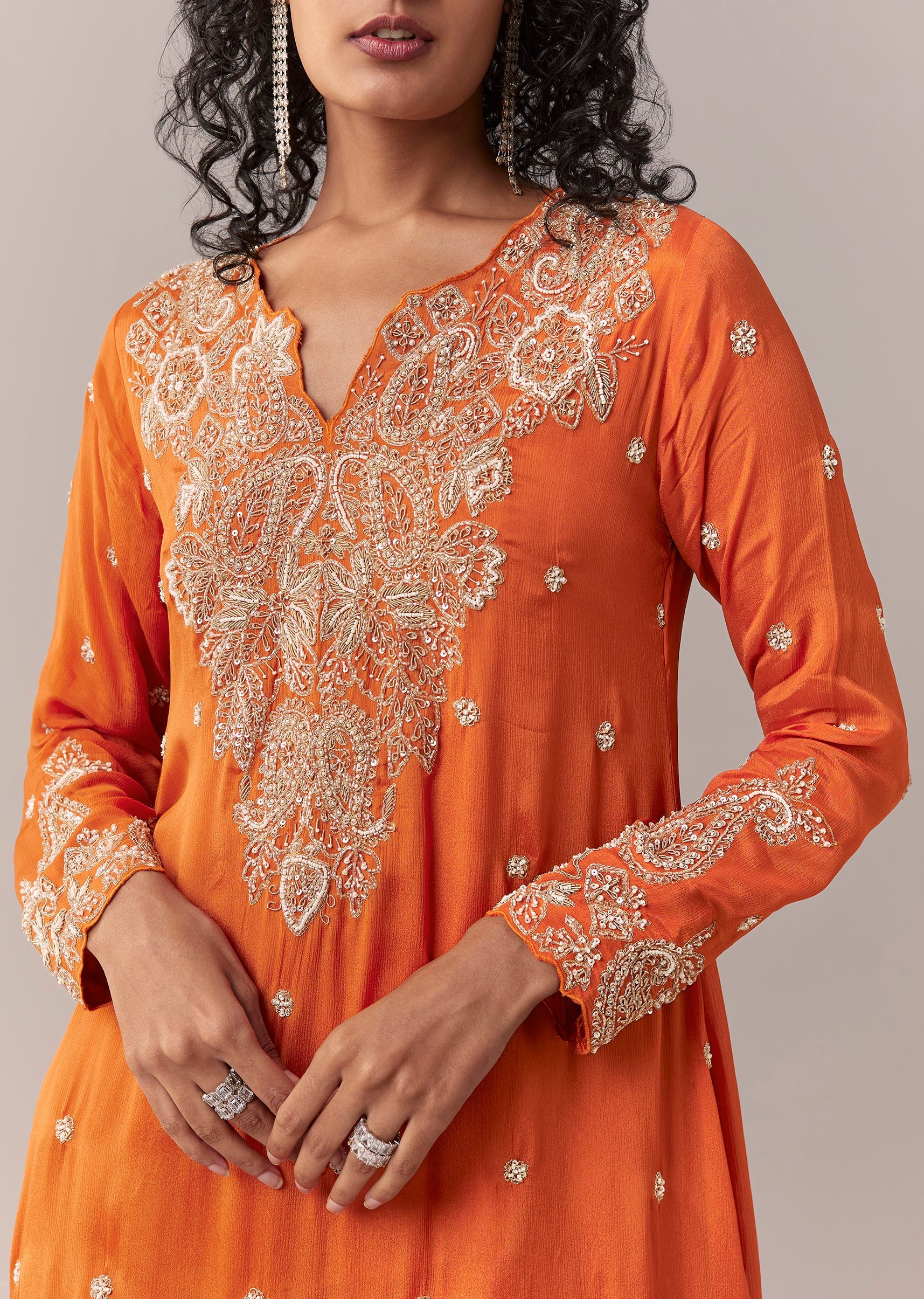 Orange Embellished Dhoti Suit Set
