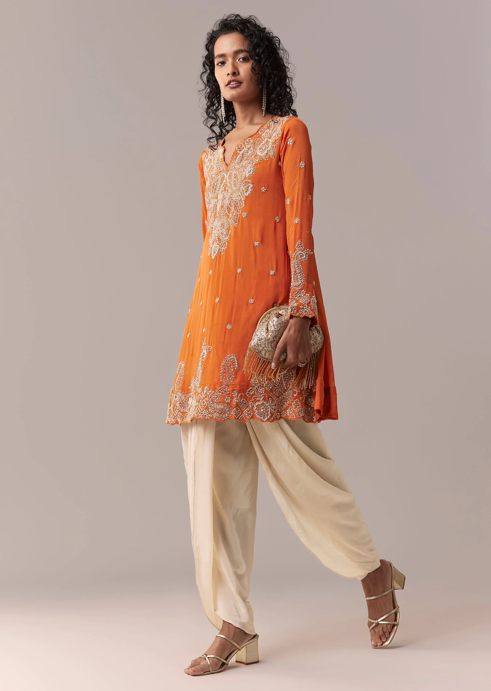 Orange Embellished Dhoti Suit Set