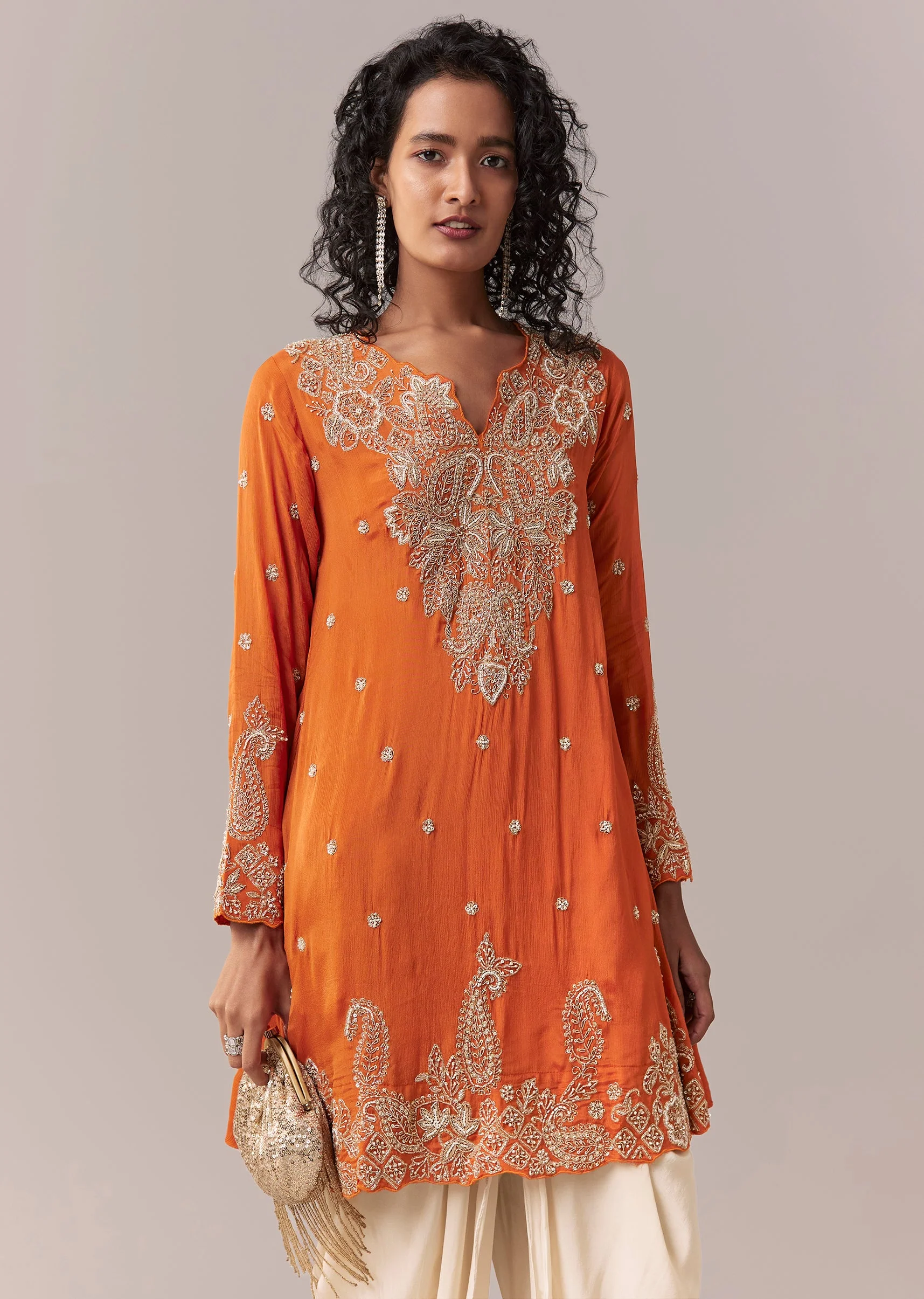 Orange Embellished Dhoti Suit Set