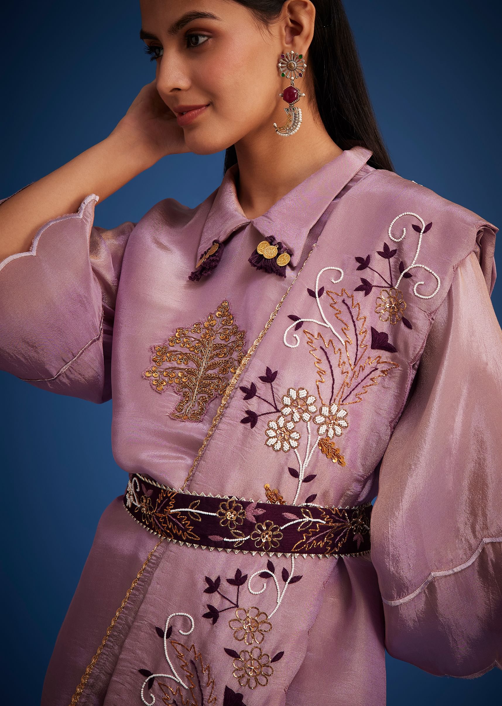 Lavender Tissue Embroidered Dhoti Set