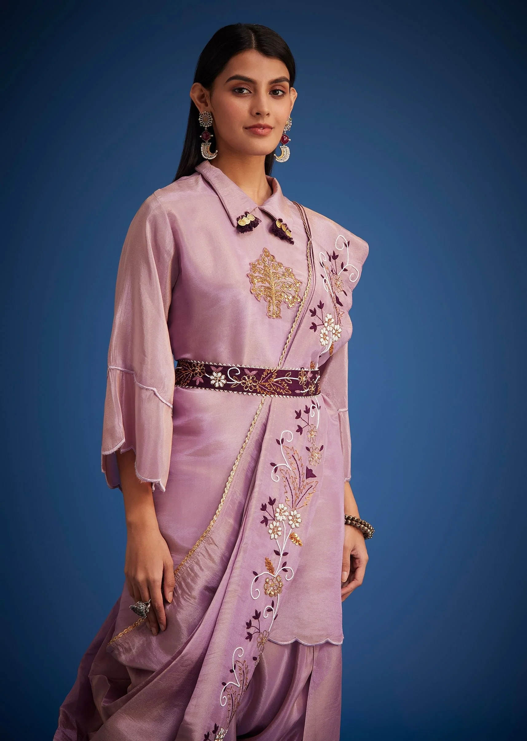 Lavender Tissue Embroidered Dhoti Set