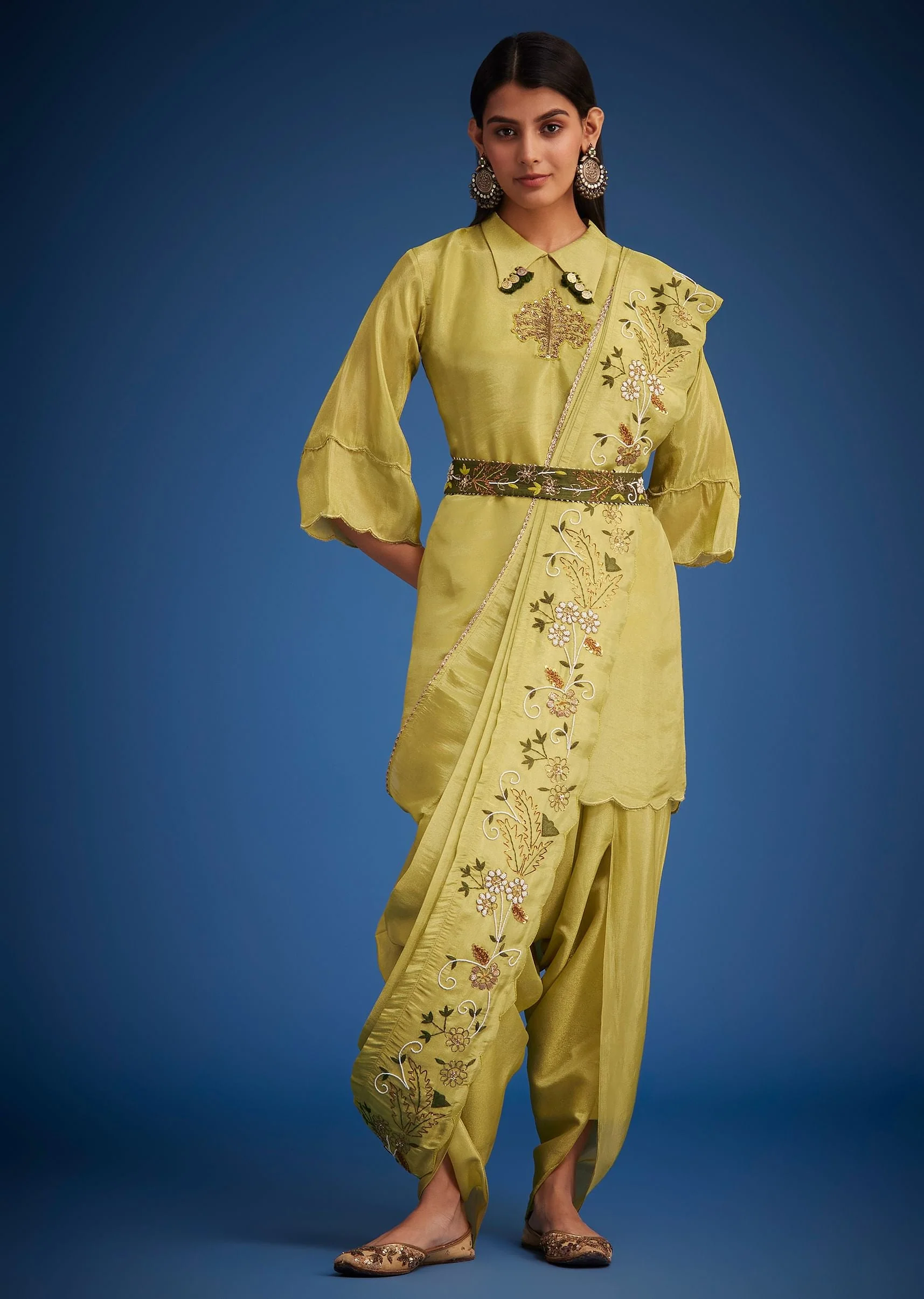 Mehendi Green Tissue Embroidered Dhoti Set