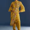 Yellow Resham Embroidered Kurta Dhoti Set With Draped Dupatta And Belt