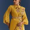 Yellow Resham Embroidered Kurta Dhoti Set With Draped Dupatta And Belt