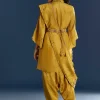 Yellow Resham Embroidered Kurta Dhoti Set With Draped Dupatta And Belt