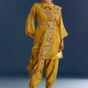 Yellow Resham Embroidered Kurta Dhoti Set With Draped Dupatta And Belt