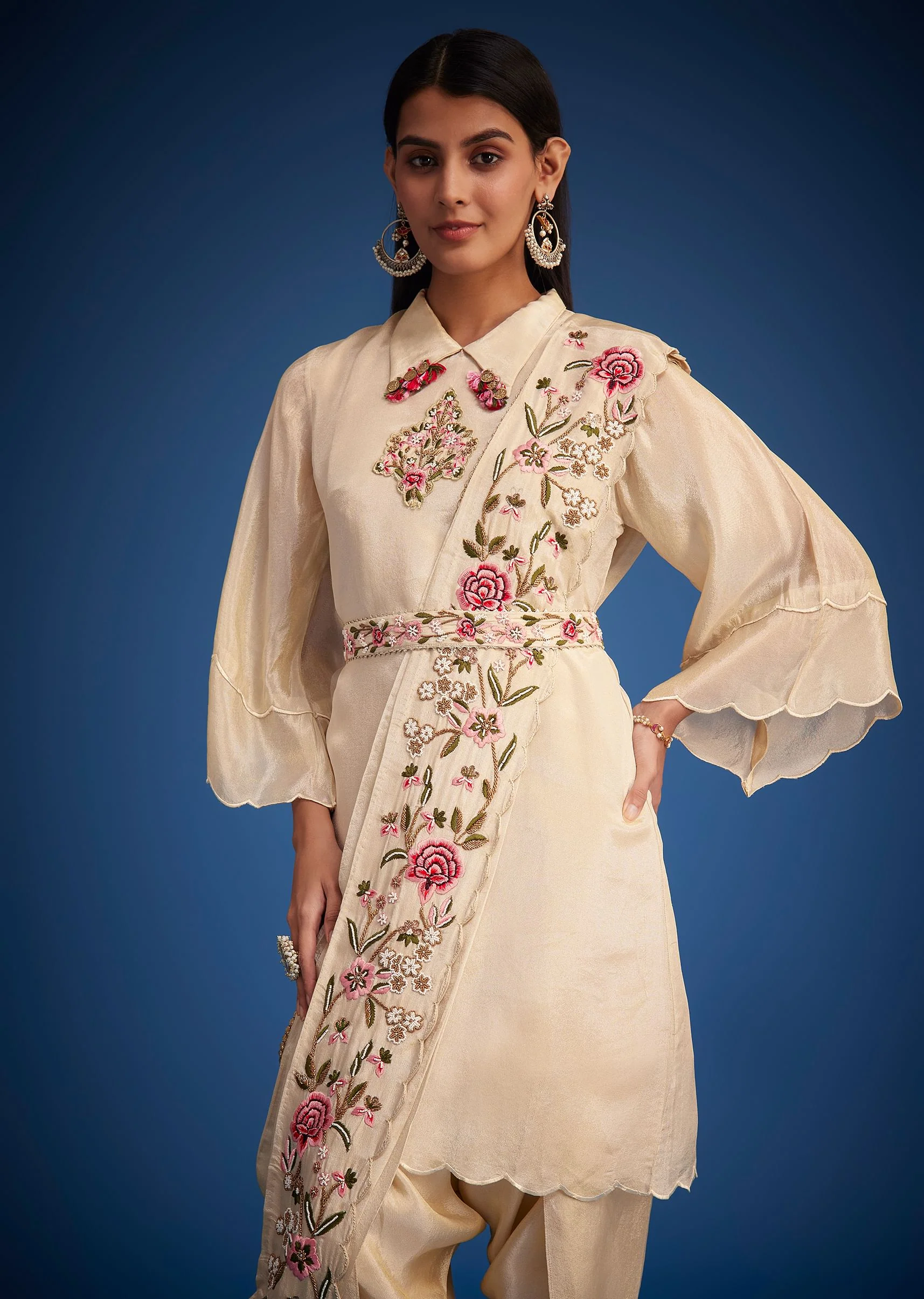 White Tissue Embroidered Dhoti Set