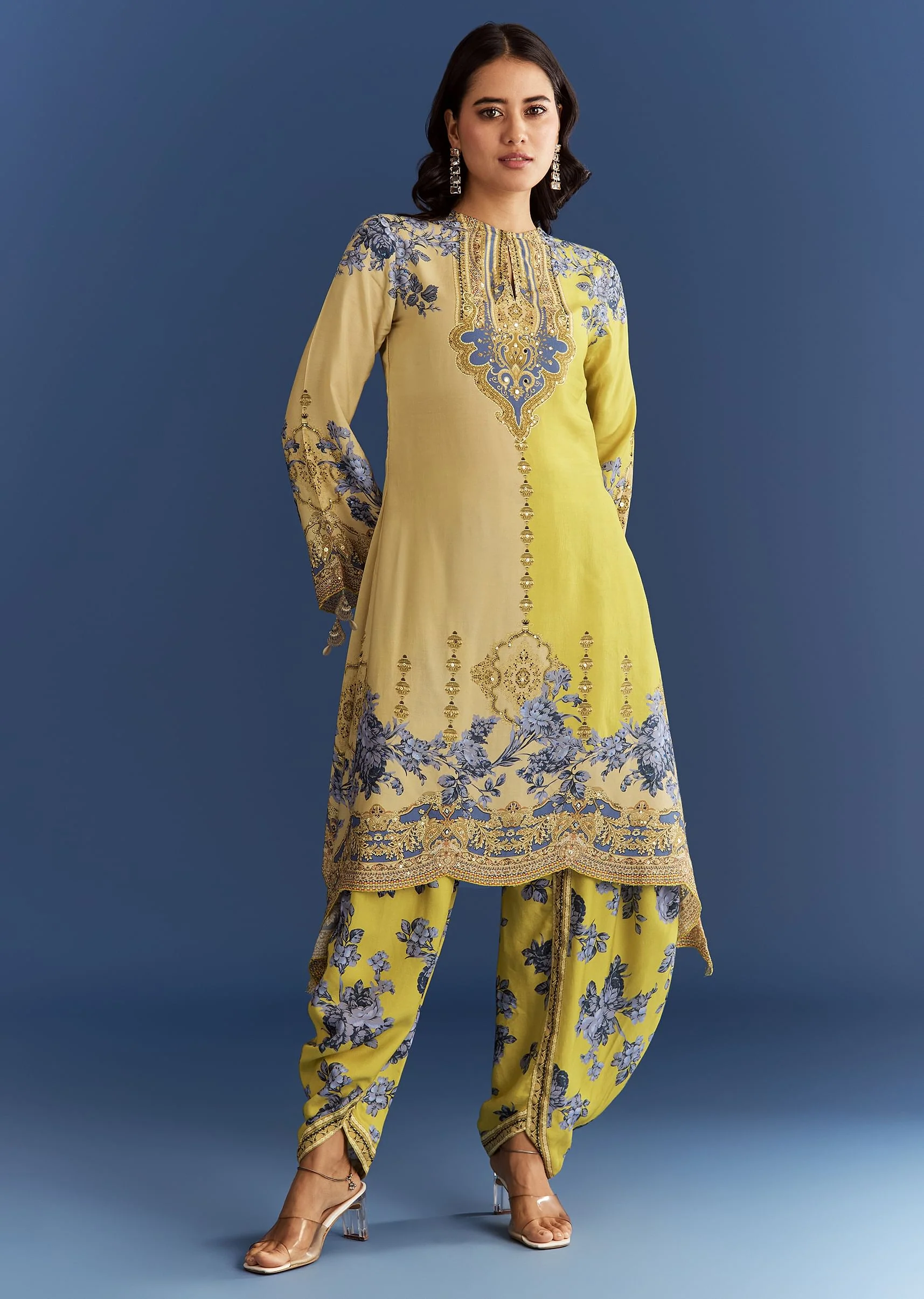 9876-light-lime-green-cotton-muslin-kurta-with-floral-print-dhoti-3.webp Light Lime Green Cotton Muslin Kurta With Floral Print Dhoti