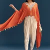 Orange Cape Crop Top Dhoti Set With Moti And Cut Dana Embroidery