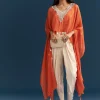 Orange Cape Crop Top Dhoti Set With Moti And Cut Dana Embroidery
