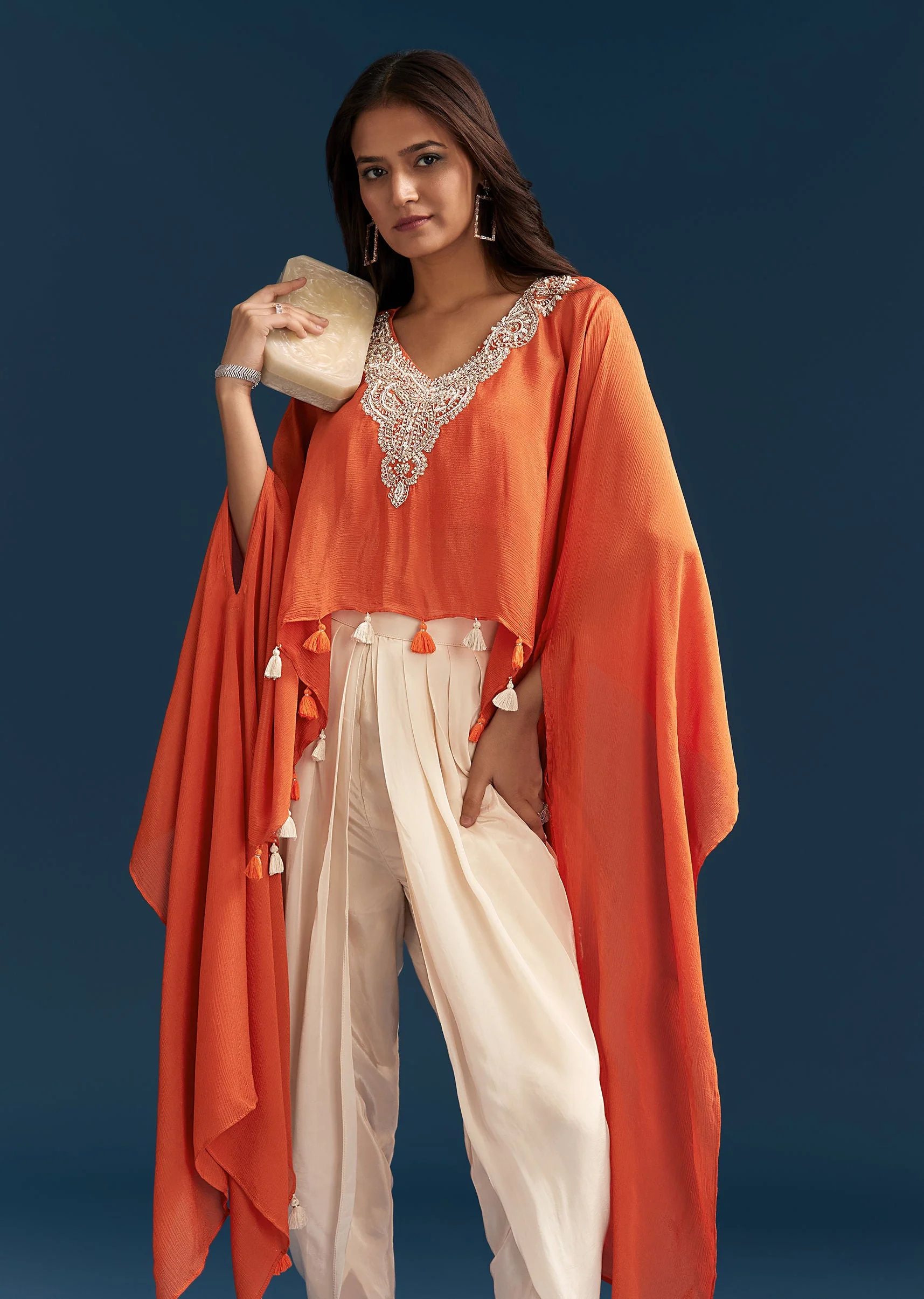 Orange Cape Crop Top Dhoti Set With Moti And Cut Dana Embroidery