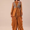 Copper Brown Kurta With Embroidered Jacket And Dhoti