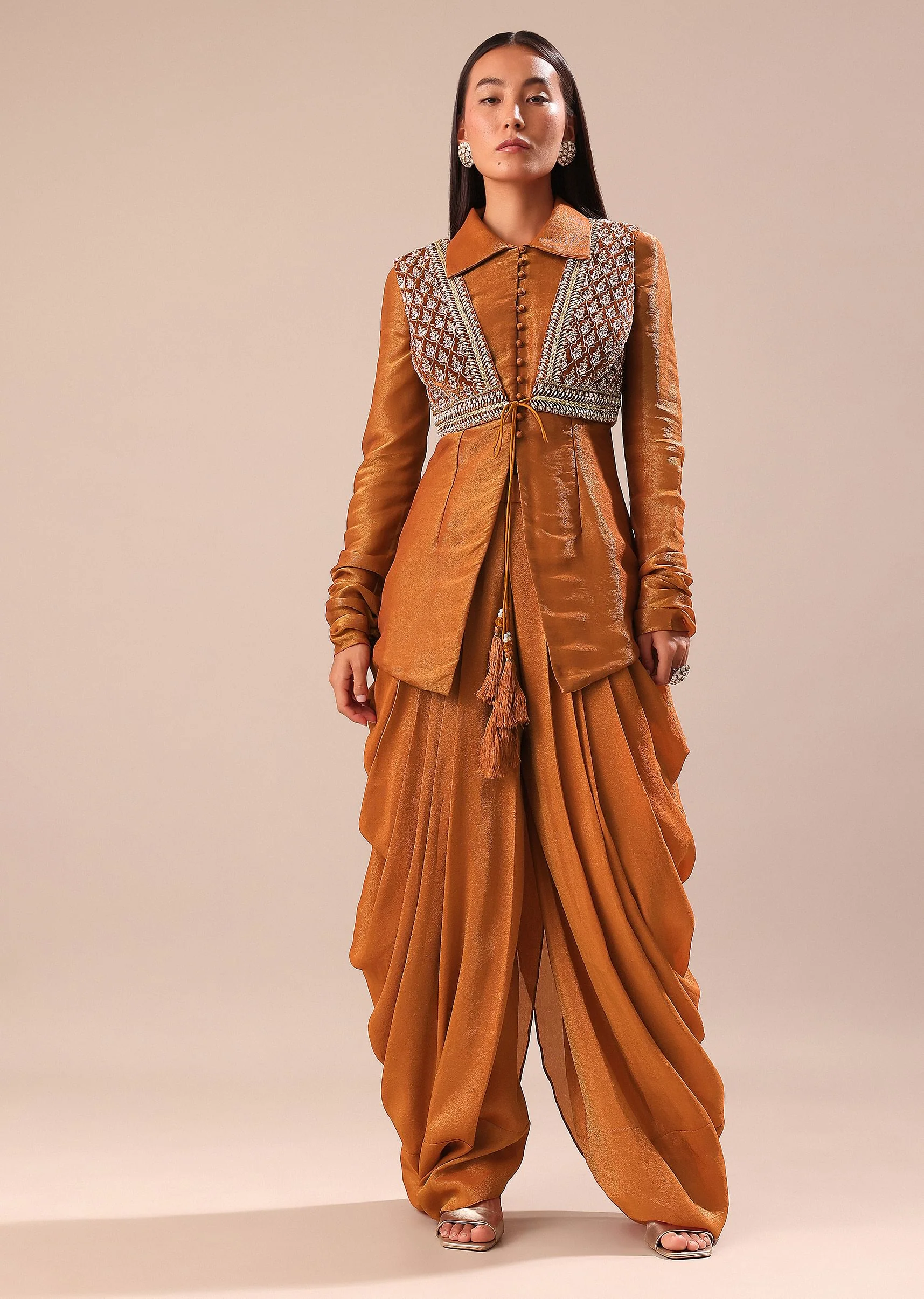 9909-copper-brown-kurta-with-embroidered-jacket-and-dhoti-1.webp Copper Brown Kurta With Embroidered Jacket And Dhoti