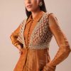 Copper Brown Kurta With Embroidered Jacket And Dhoti