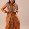 Copper Brown Kurta With Embroidered Jacket And Dhoti