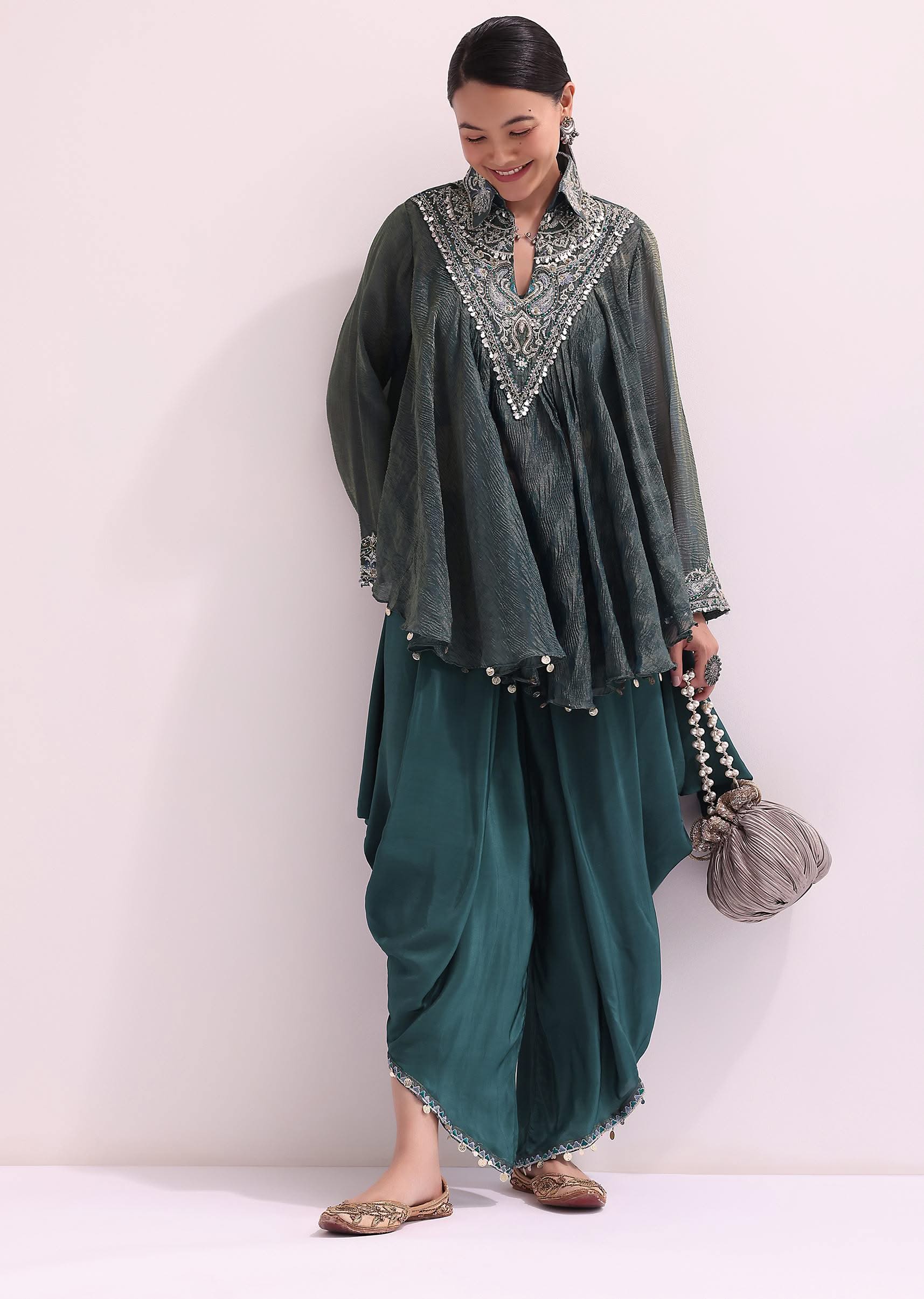 9939-teal-green-croptop-and-dhoti-with-embroidered-cape-1.jpg Teal Green Croptop And Dhoti With Embroidered Cape