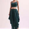 Teal Green Croptop And Dhoti With Embroidered Cape