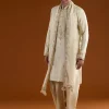 Muhurtham Beige Silk Kurta Dhoti Set With Thread Beads Moti Sequins And Zardosi Work