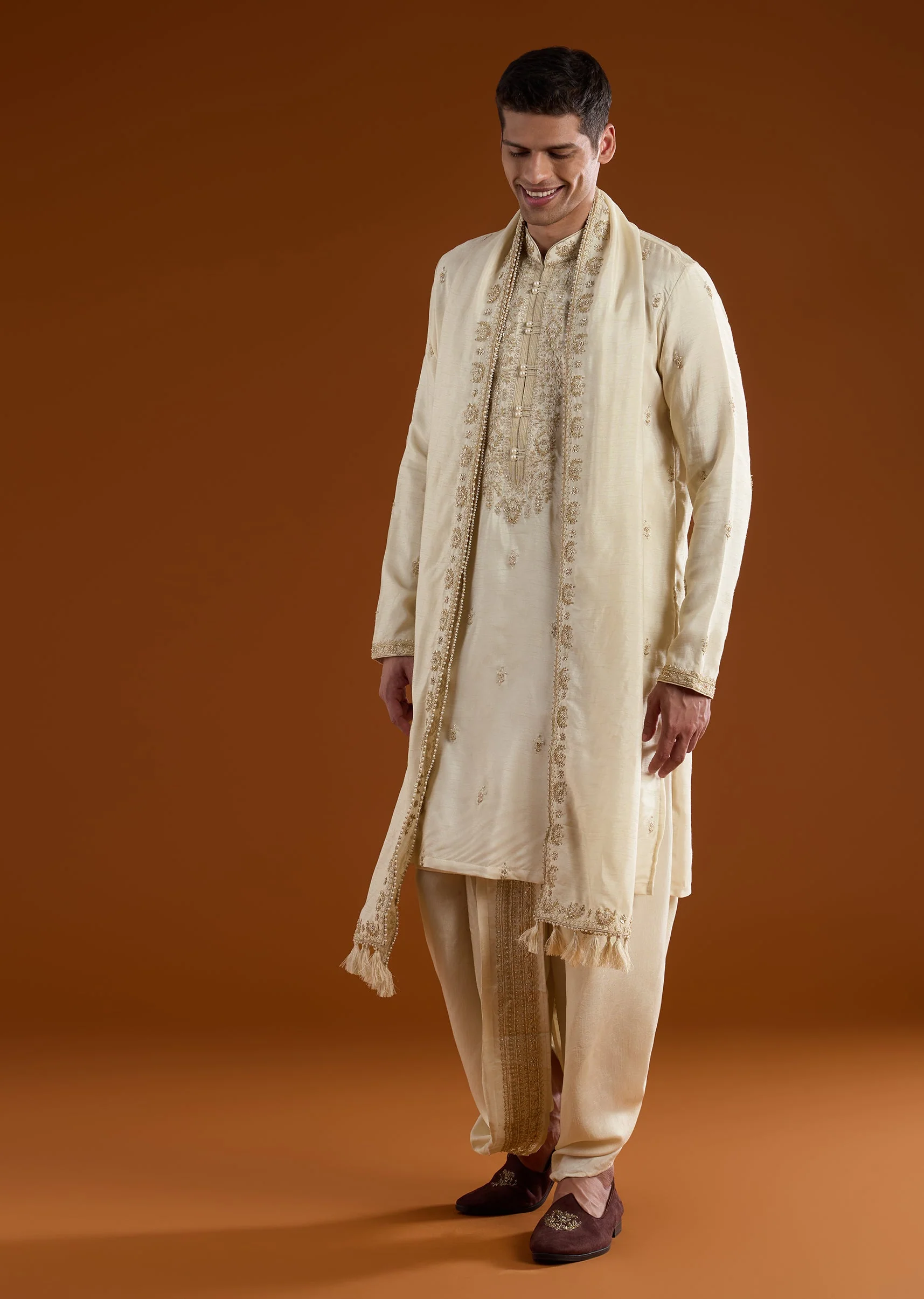 9951-muhurtham-beige-silk-kurta-dhoti-set-with-thread-beads-moti-sequins-and-zardosi-work-1.webp Muhurtham Beige Silk Kurta Dhoti Set With Thread Beads Moti Sequins And Zardosi Work