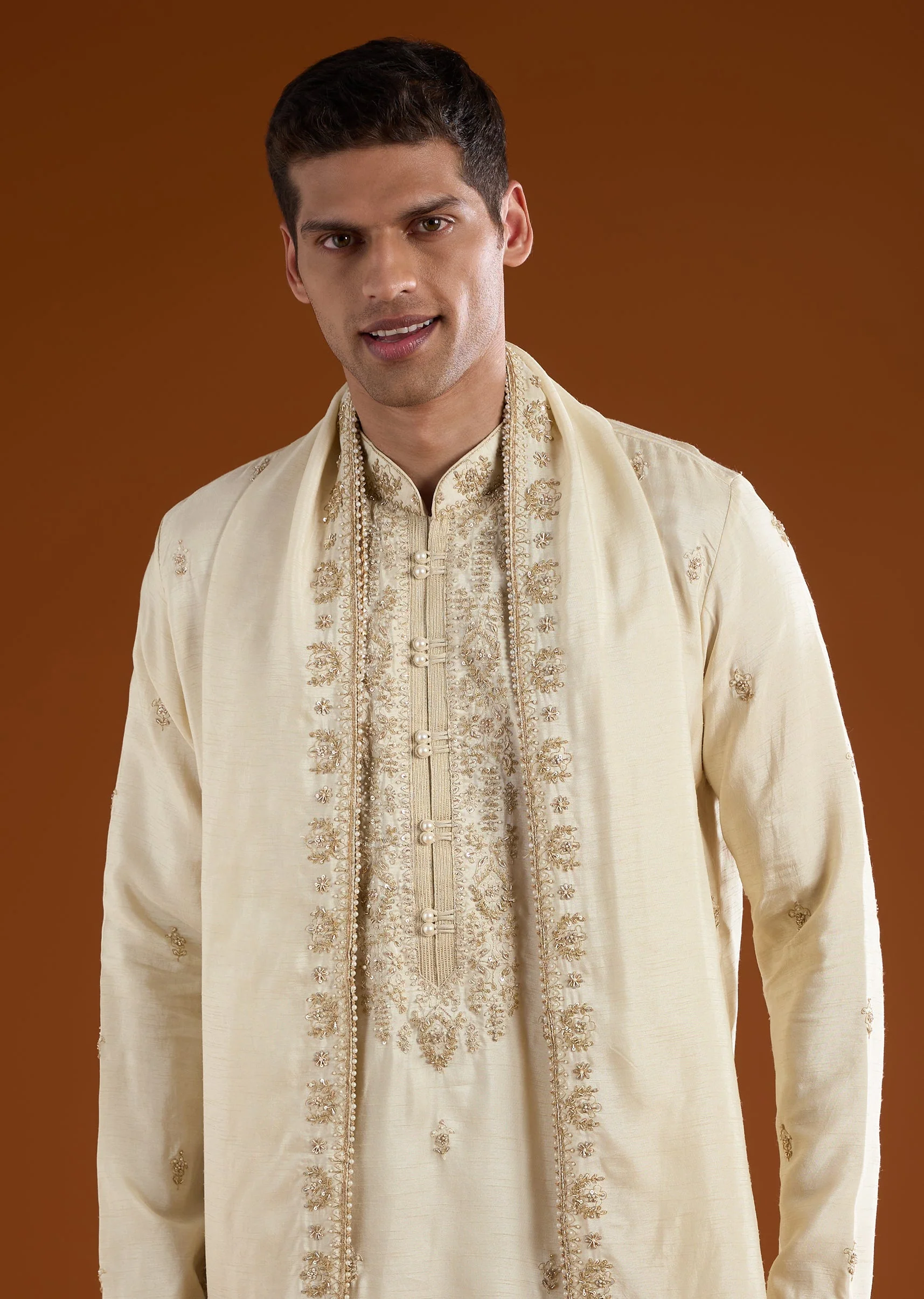 Muhurtham Beige Silk Kurta Dhoti Set With Thread Beads Moti Sequins And Zardosi Work