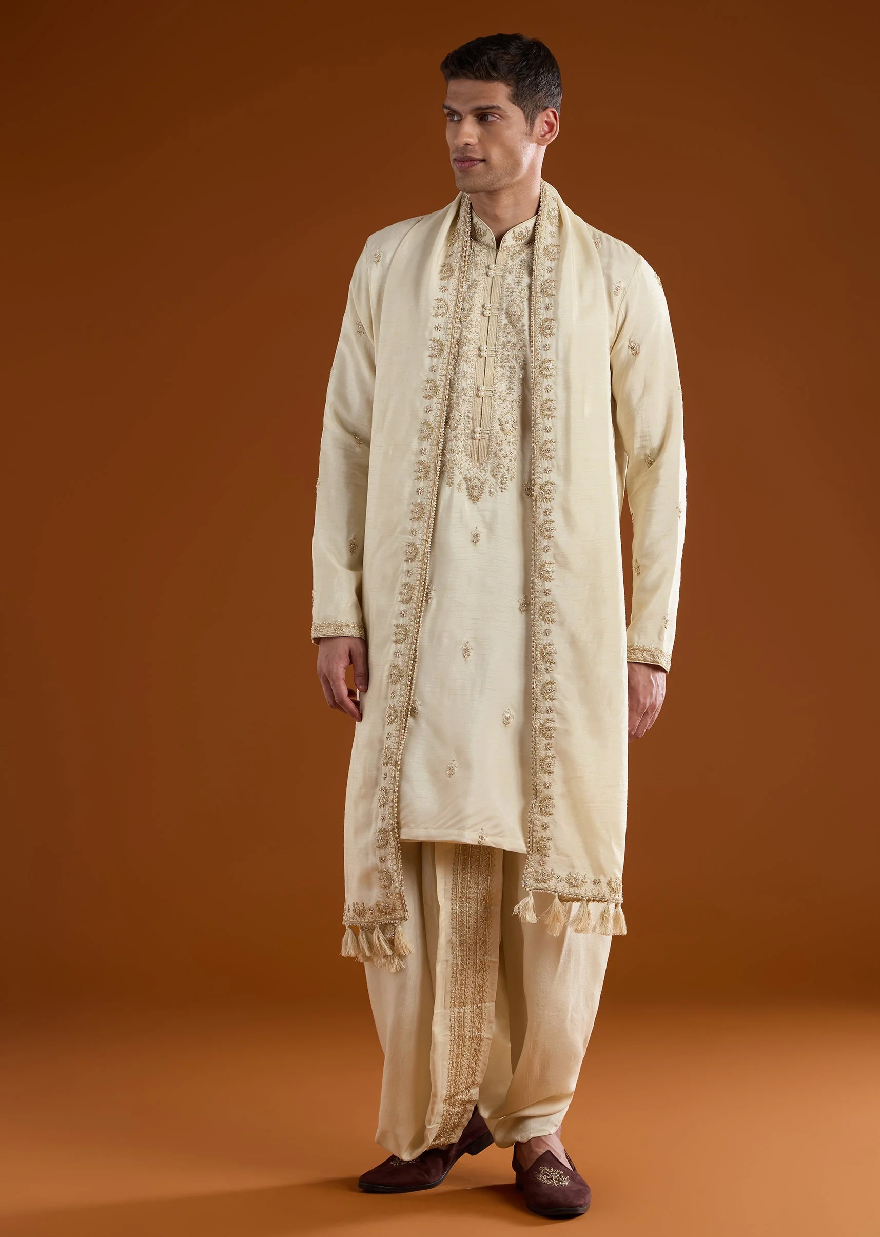 Muhurtham Beige Silk Kurta Dhoti Set With Thread Beads Moti Sequins And Zardosi Work