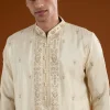 Muhurtham Beige Silk Kurta Dhoti Set With Thread Beads Moti Sequins And Zardosi Work