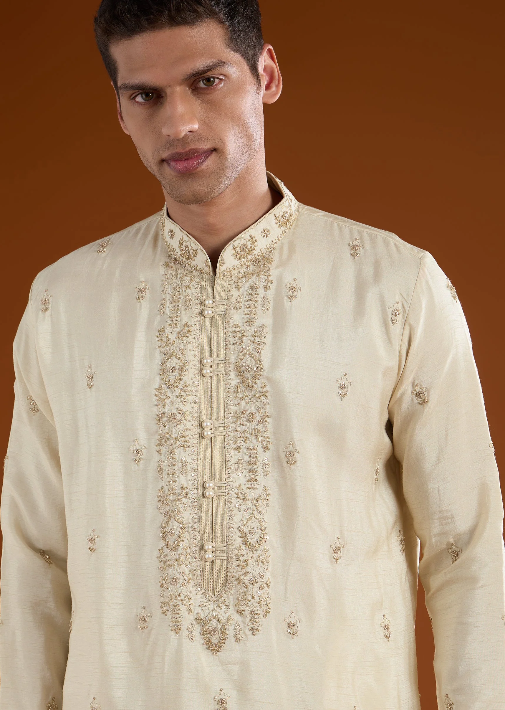 Muhurtham Beige Silk Kurta Dhoti Set With Thread Beads Moti Sequins And Zardosi Work