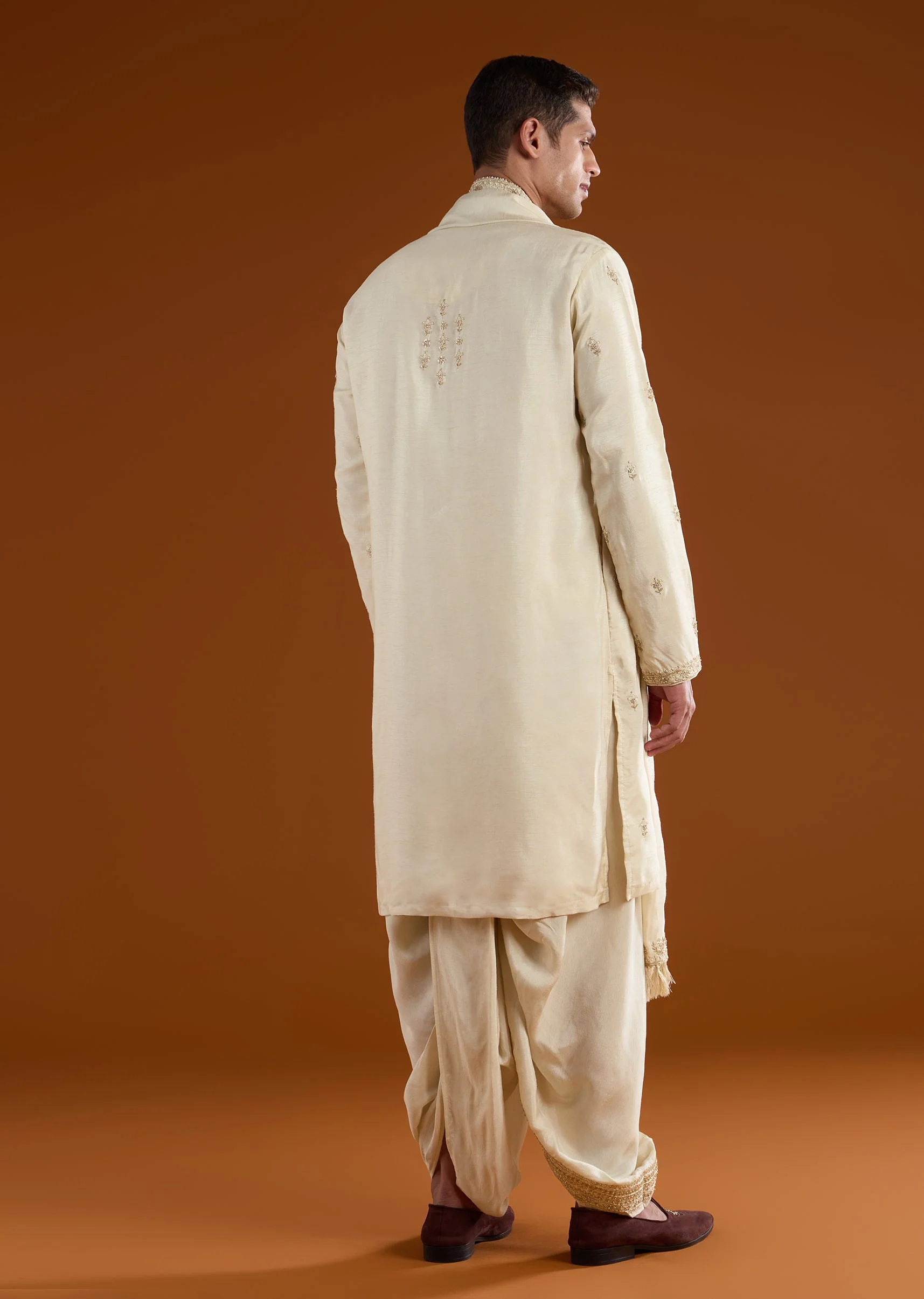 Muhurtham Beige Silk Kurta Dhoti Set With Thread Beads Moti Sequins And Zardosi Work