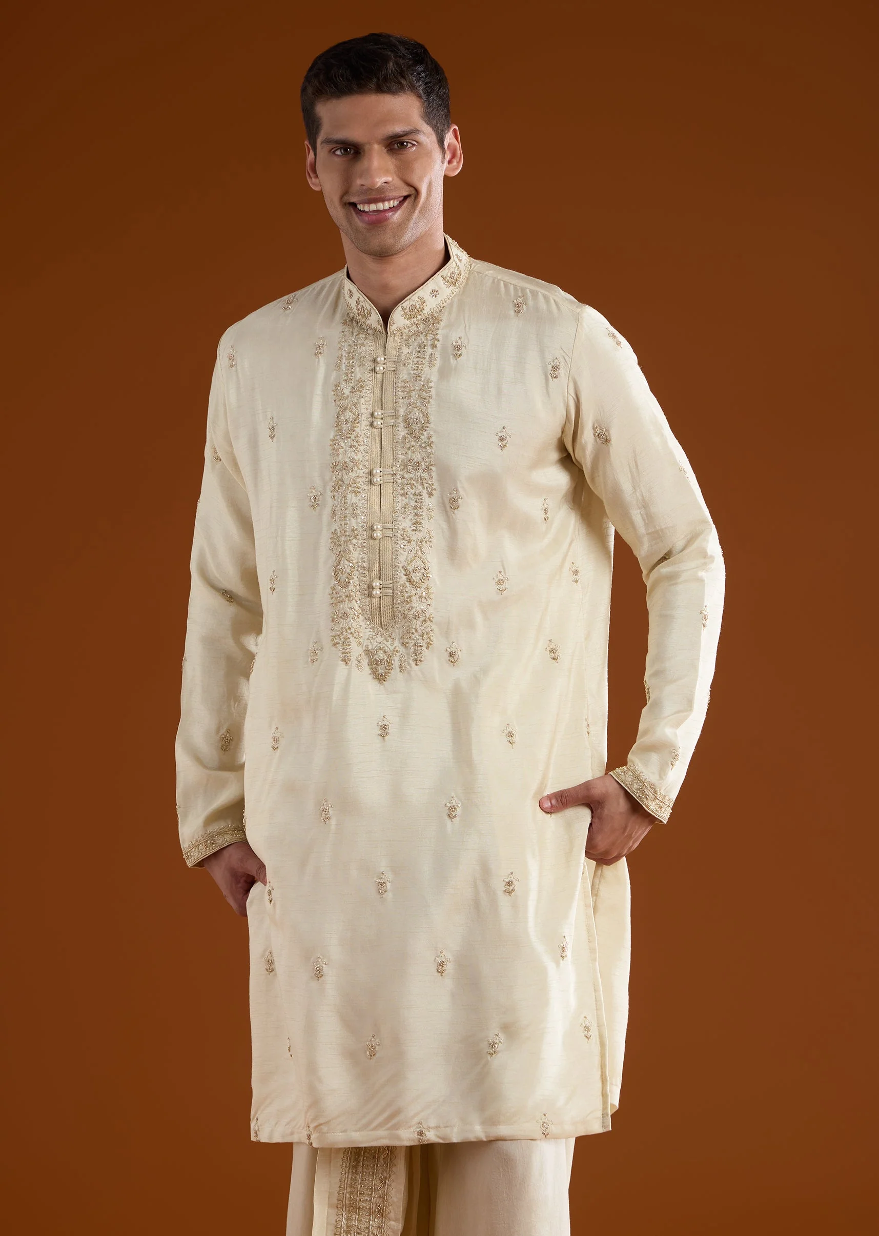 Muhurtham Beige Silk Kurta Dhoti Set With Thread Beads Moti Sequins And Zardosi Work