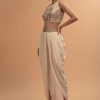 Ivory Tulip Dhoti And Crop Top Set With Embossed Floral Embroidery And High Neckline