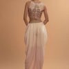 Ivory Tulip Dhoti And Crop Top Set With Embossed Floral Embroidery And High Neckline